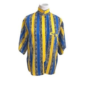 Vintage Upper Class Blue Yellow Tribal Stripe Short Sleeve Shirt Size L